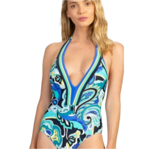 Trina Turk Ipanema Plunge Tropical Halter One Piece Swimsuit, size 10